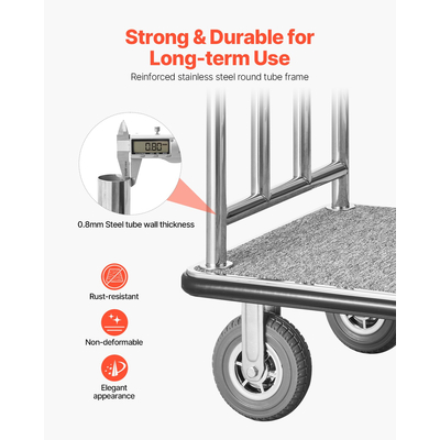 VEVOR Hotel Luggage Cart 1200 LBS Brushed Stainless Steel Finish Cart Bellman&#039;s