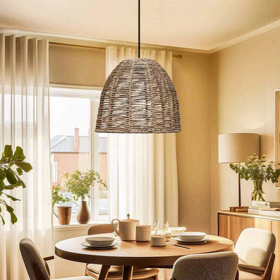 GloboStar® MEKA 204-0162 Boho Κρεμαστό Φωτιστικό Καμπάνα Μονόφωτο 1 x E27 IP20 Καφε Σχοινί - Μ31 x Π31 x Υ26cm