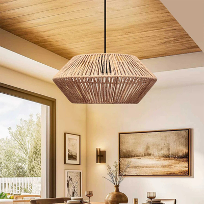 GloboStar® CASTRO 204-0164 Boho Κρεμαστό Φωτιστικό Kαπέλο Μονόφωτο 1 x E27 IP20 Μπεζ Σχοινί - Μ31 x Π31 x Υ26cm