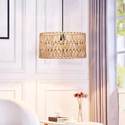 GloboStar® POMEGRANDE 204-0166 Boho Κρεμαστό Φωτιστικό Kαπέλο Μονόφωτο 1 x E27 IP20 Μπεζ Σχοινί - Μ30 x Π30 x Υ16cm