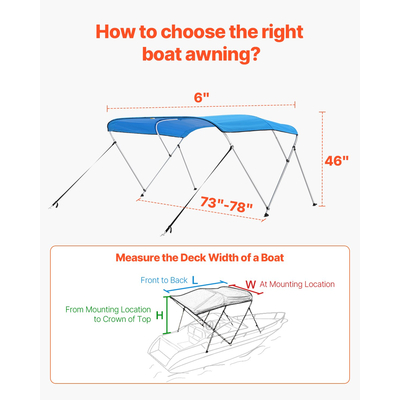 VEVOR 3 Μπλουζάκια για σκάφος με φιόγκο 72"Lx(73"-78")Π x 46"H Τέντα κουβούκλιο Pacific Blue