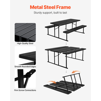 VEVOR Τραπέζι πικνίκ Πτυσσόμενο Ατσάλινο Τραπέζι Κάμπινγκ Καρέκλα Κήπου Εσωτερικός εξωτερικός χώρος