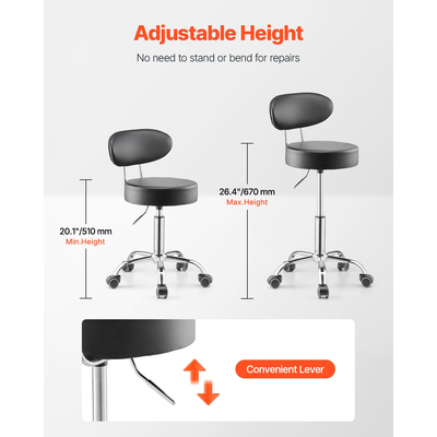 VEVOR Σκαμπό καταστήματος Ρυθμιζόμενο γκαράζ κάθισμα 300 λίβρες φορτίο με πλάτη και ρόδες