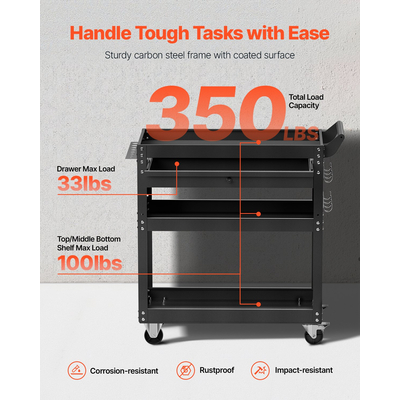 VEVOR 4-Tier Tool Cart on Wheels 350 lb Rolling Cart Work with Drwer & Pegboard