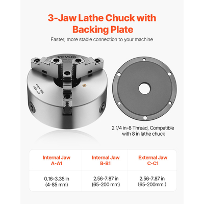 VEVOR 8 σε 3-Jaw Self-centring Lathe Chuck 2 1/4 in-8 Backing Plate με σπείρωμα