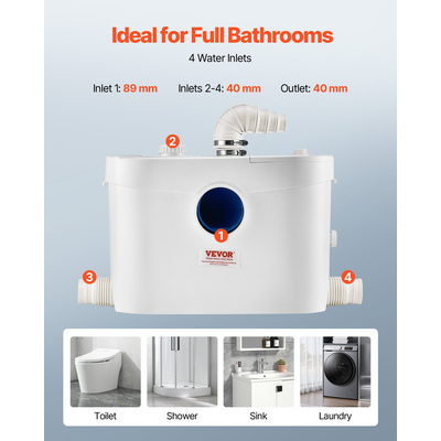 Αντλία κοπής VEVOR 900W 48 GPM Ροή, Ανύψωση Κεφαλής 40 ft για Νιπτήρα Υπογείου Τουαλέτας