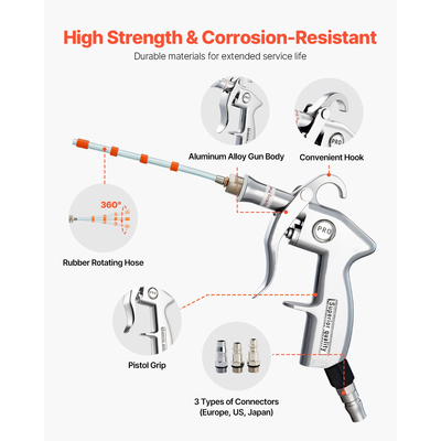 Πιστόλι καθαρισμού αυτοκινήτου VEVOR 6-9.2 Bar υψηλής πίεσης αέρα, πιστόλι φυσήματος, 2 ακροφύσια, εκτόξευση σκόνης