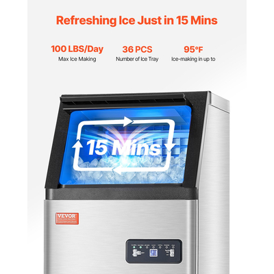 VEVOR Commercial Ice Maker Ανεξάρτητη Μηχανή Ντουλάπας 100lbs/24H 36 Ice Cubes