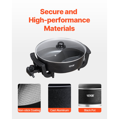 Ηλεκτρική κατσαρόλα VEVOR 5 λίτρων αντικολλητική Shabu-shabu με διαχωριστικό γυάλινο καπάκι