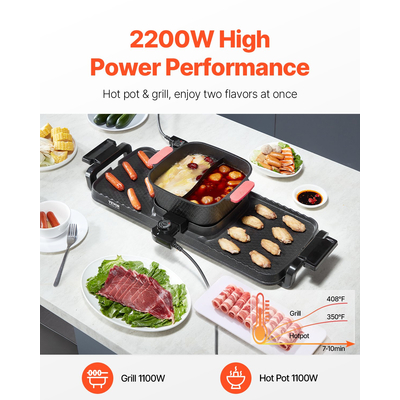 VEVOR Hot Pot με Γκριλ Ηλεκτρικό BBQ 2300W 2 σε 1 χωρίς καπνό με αφαιρούμενη κατσαρόλα