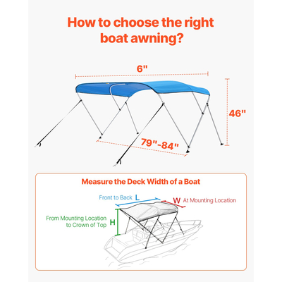 VEVOR 3 Μπλουζάκια για σκάφος με φιόγκο 72"Lx(79"-84")Π x 46"H Τέντα κουβούκλιο Pacific Blue