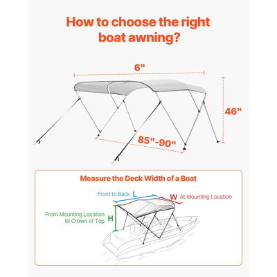 VEVOR 3 Μπλουζάκια Μπιμίνι Boat Bow 72"Lx(85"-90")Π x 46"H Τέντα κουβούκλιο ανοιχτό γκρι
