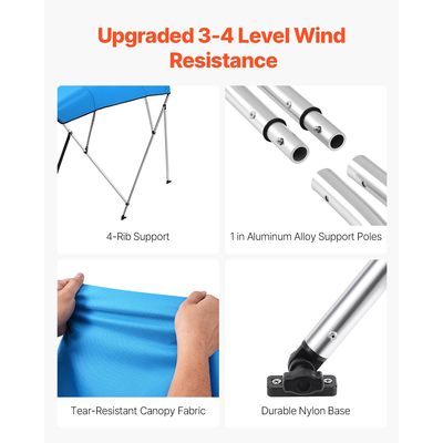 VEVOR 4 Bow Boat Bimini Tops 96"Lx(79"-84")W x 54"H Awning Canopy Pacific Blue