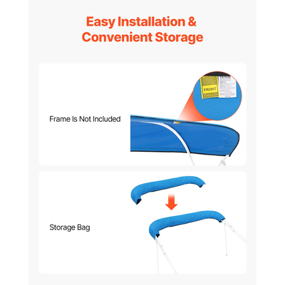 VEVOR 4 Bow Boat Bimini Tops 96"Lx(91"-96")W Bimini Top Replacement Pacific Blue