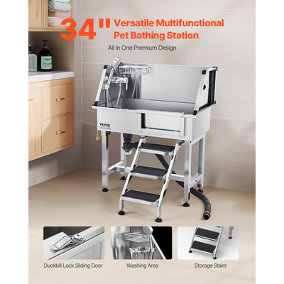 VEVOR Μπανιέρα περιποίησης σκύλου 86,4 cm από ανοξείδωτο ατσάλι με σκάλα και κεφαλή ντους