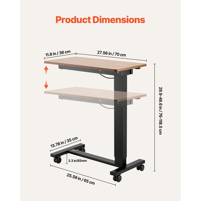 VEVOR Τραπέζι Κινητής Κρεβάτι-Πλαϊνό Γραφείο με Ηλεκτρική Ανύψωση & 4 Τροχούς Ξύλινο