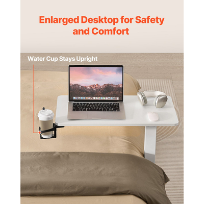 VEVOR Τραπέζι Κρεβατιού με Κινητό Πλαϊνό Γραφείο με 4 Κρυφούς Τροχούς και Θήκη Ποτηριών Λευκό
