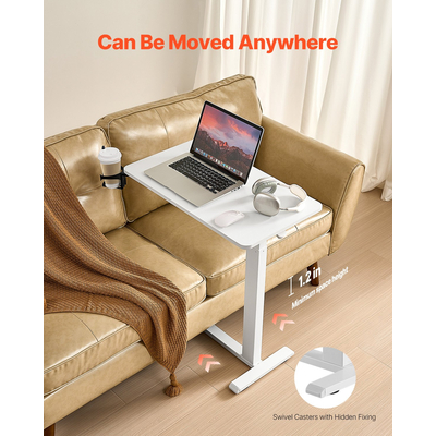 VEVOR Τραπέζι Κρεβατιού με Κινητό Πλαϊνό Γραφείο με 4 Κρυφούς Τροχούς και Θήκη Ποτηριών Λευκό
