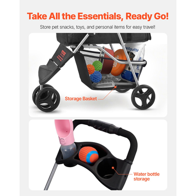 VEVOR καροτσάκι κατοικίδιων ζώων Πτυσσόμενο 3 τροχούς καρότσι ταξιδιού σκύλου με φρένο έως 35 κιλά