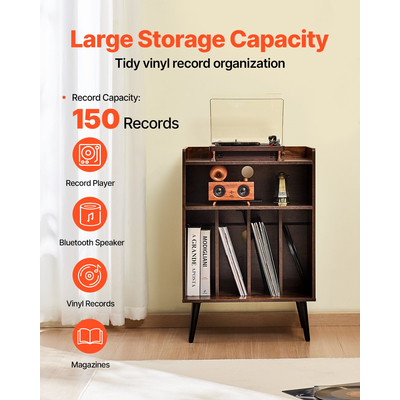 Συσκευή δίσκων VEVOR 3 επιπέδων με φως LED & θύρες USB Ξύλινο ράφι βινυλίου καφέ