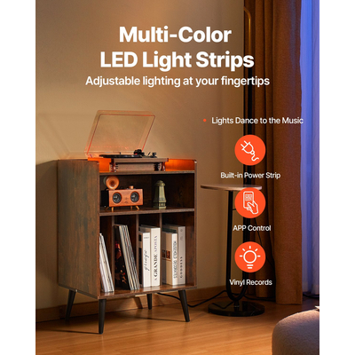 Συσκευή δίσκων VEVOR 3 επιπέδων με φως LED & θύρες USB Ξύλινο ράφι βινυλίου καφέ