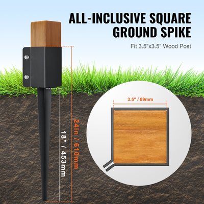 VEVOR Fence Post Anchor Ground Spike, 4 πακέτο 24 x 4 x 4 ίντσες εξωτερική διάμετρος (εσωτερική διάμετρος 3,5 x 3,5 ίντσες), μεταλλική μαύρη σκόνη με επίστρωση πάσσαλου, για κιγκλίδωμα κήπου κατάστρωμα γραμματοκιβωτίου