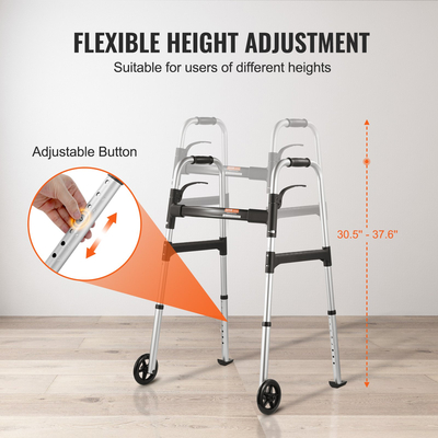 VEVOR Folding Walker Aluminium Mobility Walker Aid με ρυθμιζόμενο ύψος και τροχό