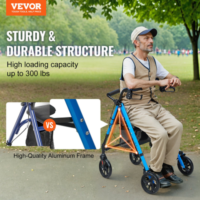 VEVOR Rollator Walker για ηλικιωμένους και ενήλικες, Ελαφρύς αναδιπλούμενος περιπατητής από αλουμίνιο με ρυθμιζόμενο κάθισμα και λαβή, περιπατητής περιπάτου για εξωτερική κινητικότητα με τροχούς παντός εδάφους 8 ιντσών, χωρητικότητα 300LBS