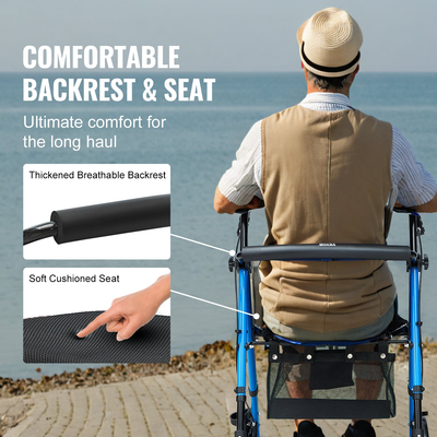 VEVOR Rollator Walker για ηλικιωμένους και ενήλικες, Ελαφρύς αναδιπλούμενος περιπατητής από αλουμίνιο με ρυθμιζόμενο κάθισμα και λαβή, περιπατητής περιπάτου για εξωτερική κινητικότητα με τροχούς παντός εδάφους 8 ιντσών, χωρητικότητα 300LBS