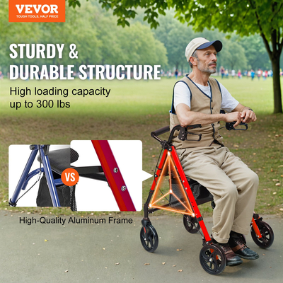 VEVOR Rollator Walker για ηλικιωμένους και ενήλικες, Ελαφρύς αναδιπλούμενος περιπατητής από αλουμίνιο με ρυθμιζόμενο κάθισμα και λαβή, περιπατητής περιπάτου για εξωτερική κινητικότητα με τροχούς παντός εδάφους 8 ιντσών, χωρητικότητα 300LBS