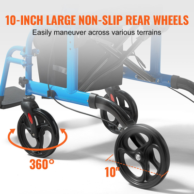VEVOR 2 σε 1 Rollator Walker & Transport Chair για ηλικιωμένους, Αναδιπλούμενο Rolling Walker Combo & Footrests, Ελαφρύς περιπατητής κινητικότητας αλουμινίου με ρυθμιζόμενη λαβή, τροχοί παντός εδάφους, 300LBS