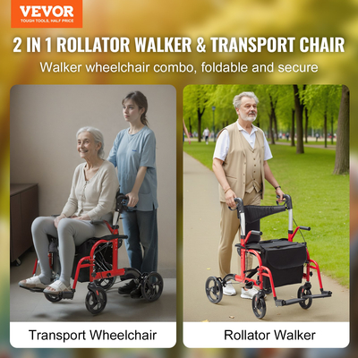 VEVOR 2 σε 1 Rollator Walker & Transport Chair για ηλικιωμένους, Αναδιπλούμενο Rolling Walker Combo & Footrests, Ελαφρύς περιπατητής κινητικότητας αλουμινίου με ρυθμιζόμενη λαβή, τροχοί παντός εδάφους, 136 kg