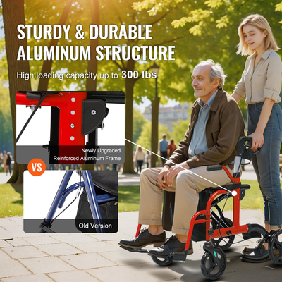 VEVOR 2 σε 1 Rollator Walker & Transport Chair για ηλικιωμένους, Αναδιπλούμενο Rolling Walker Combo & Footrests, Ελαφρύς περιπατητής κινητικότητας αλουμινίου με ρυθμιζόμενη λαβή, τροχοί παντός εδάφους, 136 kg