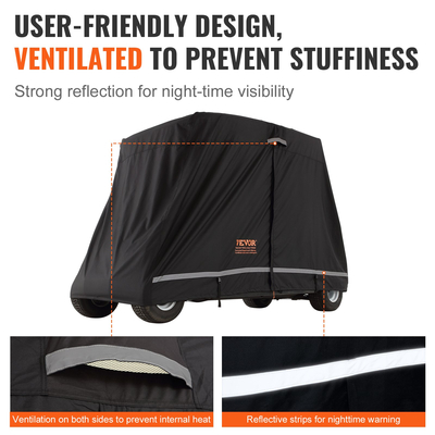 Κάλυμμα καλαθιού γκολφ επιβατών VEVOR 4, Πλήρες κάλυμμα από πολυεστέρα 600D, Universal Εφαρμογή για τα περισσότερα καλύμματα Club Car Car, Αδιάβροχο, Αντιηλιακό και Αδιάβροχο Κάλυμμα Καλαθιού Γκολφ εξωτερικού χώρου με τρεις πόρτες με φερμουάρ, μαύρο