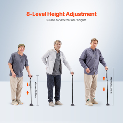 VEVOR Πτυσσόμενο μπαστούνι περπατήματος 8 επιπέδων ύψους 4 οδών Περιστρεφόμενη βάση