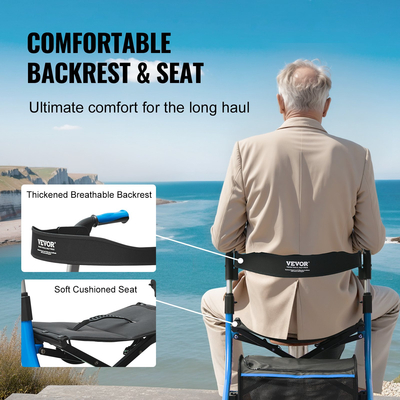 Πτυσσόμενος περιπατητής περιπάτου VEVOR για ηλικιωμένους και ενήλικες, ελαφρύς περιπατητής αλουμινίου με κάθισμα και ρυθμιζόμενη λαβή, 4-τροχός περιπατητής εξωτερικής κινητικότητας με ευρύχωρη τσάντα αποθήκευσης, χωρητικότητα 136 kg