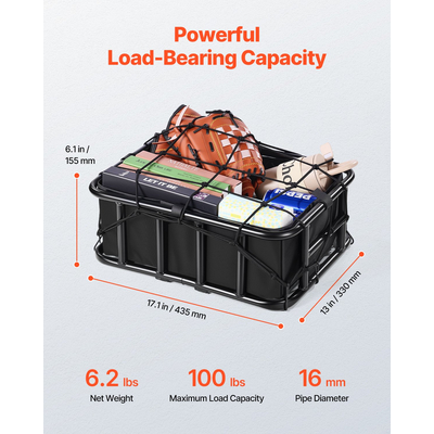 VEVOR Πίσω καλάθι ποδηλάτου Μεσαίο δίχτυ φορτίου καλαθιού ποδηλάτου, αδιάβροχο κάλυμμα