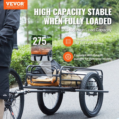 VEVOR Bike Cargo Trailer, χωρητικότητα 275 lbs, βαρέως τύπου καρότσι ποδηλάτου, αναδιπλούμενος συμπαγής χώρος αποθήκευσης & γρήγορη απελευθέρωση με γενικό κοτσαδόρο, τροχοί 20", ταιριάζει στους περισσότερους τροχούς ποδηλάτου, πλαίσιο από ανθρακούχο χάλυβα