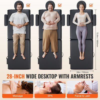 Φορητό τραπέζι μασάζ VEVOR 28" W, 2 πτυσσόμενο ελαφρύ τραπέζι μασάζ, 8-επίπεδα ρυθμιζόμενο ύψος κρεβάτι τατουάζ σαλονιού, τραπέζι σπα με προσκέφαλο, μπράτσα, παλέτα χεριών & τσάντα μεταφοράς, 600LBS