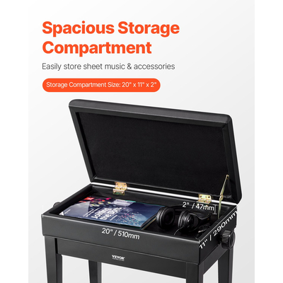 VEVOR Ρυθμιζόμενο πληκτρολόγιο πιάνου Πάγκος αποθήκευσης με επένδυση Ξύλινο σκαμπό βιβλιοθήκης
