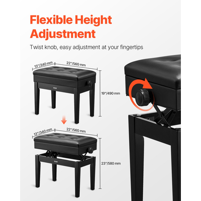 VEVOR Ρυθμιζόμενο πληκτρολόγιο πιάνου Πάγκος αποθήκευσης με επένδυση Ξύλινο σκαμπό βιβλιοθήκης