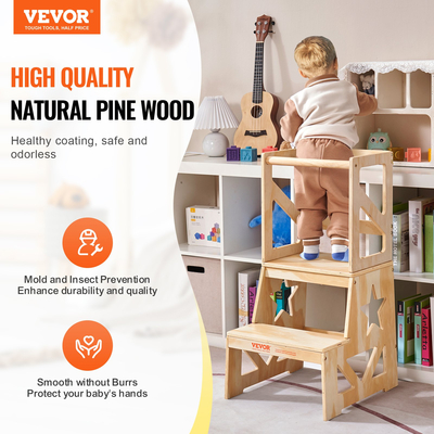 Σκαμπό VEVOR Toddler Step Stool για παιδιά, Σκαμπό κουζίνας για παιδιά από φυσικό ξύλο πεύκου με ράγα ασφαλείας, 150LBS ικανότητα φόρτωσης Standing Tower Σκαμπό εκμάθησης για υπνοδωμάτιο Μπάνιο Πάγκος κουζίνας