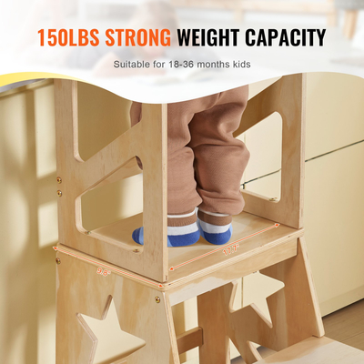 Σκαμπό VEVOR Toddler Step Stool για παιδιά, Σκαμπό κουζίνας για παιδιά από φυσικό ξύλο πεύκου με ράγα ασφαλείας, 150LBS ικανότητα φόρτωσης Standing Tower Σκαμπό εκμάθησης για υπνοδωμάτιο Μπάνιο Πάγκος κουζίνας