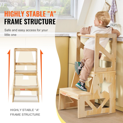 Σκαμπό VEVOR Toddler Step Stool για παιδιά, Σκαμπό κουζίνας για παιδιά από φυσικό ξύλο πεύκου με ράγα ασφαλείας, 150LBS ικανότητα φόρτωσης Standing Tower Σκαμπό εκμάθησης για υπνοδωμάτιο Μπάνιο Πάγκος κουζίνας