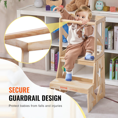 Σκαμπό VEVOR Toddler Step Stool για παιδιά, Σκαμπό κουζίνας για παιδιά από φυσικό ξύλο πεύκου με ράγα ασφαλείας, 150LBS ικανότητα φόρτωσης Standing Tower Σκαμπό εκμάθησης για υπνοδωμάτιο Μπάνιο Πάγκος κουζίνας