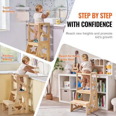 Σκαμπό VEVOR Toddler Step Stool για παιδιά, Σκαμπό κουζίνας για παιδιά από φυσικό ξύλο πεύκου με ράγα ασφαλείας, 150LBS ικανότητα φόρτωσης Standing Tower Σκαμπό εκμάθησης για υπνοδωμάτιο Μπάνιο Πάγκος κουζίνας