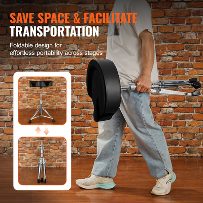 VEVOR Saddle Drum Throne, 22-27,8 ίντσες / 560-705 mm ρυθμιζόμενο ύψος, επενδυμένο κάθισμα τυμπάνου με αντιολισθητικά πόδια 5A Drumsticks 500 lbs / 227 kg Μέγιστο βάρος χωρητικότητας, 360° Περιστρεφόμενη καρέκλα τυμπάνου