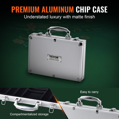 Σετ τσιπ πόκερ VEVOR, σετ πόκερ 200 τεμαχίων, πλήρες σετ παιχνιδιών πόκερ με θήκη μεταφοράς από αλουμίνιο, μάρκες καζίνο 11,5 γραμμαρίων, κάρτες, κουμπιά και ζάρια, για Texas Hold&#039;em, Μπλάκτζακ, Τυχερά παιχνίδια