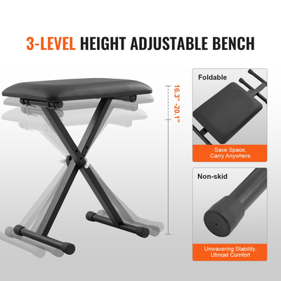 Βάση πληκτρολογίου και σετ πάγκου για πιάνο VEVOR, Z Style, Βάση και κάθισμα βαρέως τύπου ψηφιακού πιάνου, χωρητικότητα 250 lbs με ρυθμιζόμενους τροχούς ύψους πάγκου πιάνου, ταιριάζει για ηλεκτρικά πιάνα 54-88 πλήκτρων