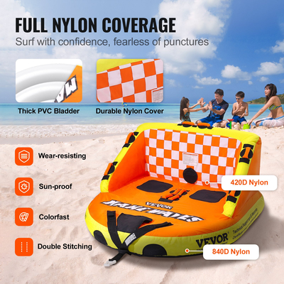 Ρυμουλκούμενος σωλήνας VEVOR για σκάφη, φουσκωτοί ρυμουλκούμενοι σωλήνες για 1-2 αναβάτες με καθίσματα καταστρώματος και πλάτη, σωλήνας θαλάσσιων σπορ 130 κιλών για τράβηγμα σκάφους, πλήρες κάλυμμα από νάιλον, λαβές EVA και βαλβίδα ασφαλείας ταχύτητας